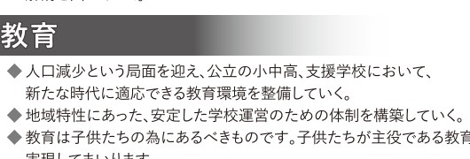 選挙公報に掲載された石関洋臣議員の子育てしやすい街づくり公約