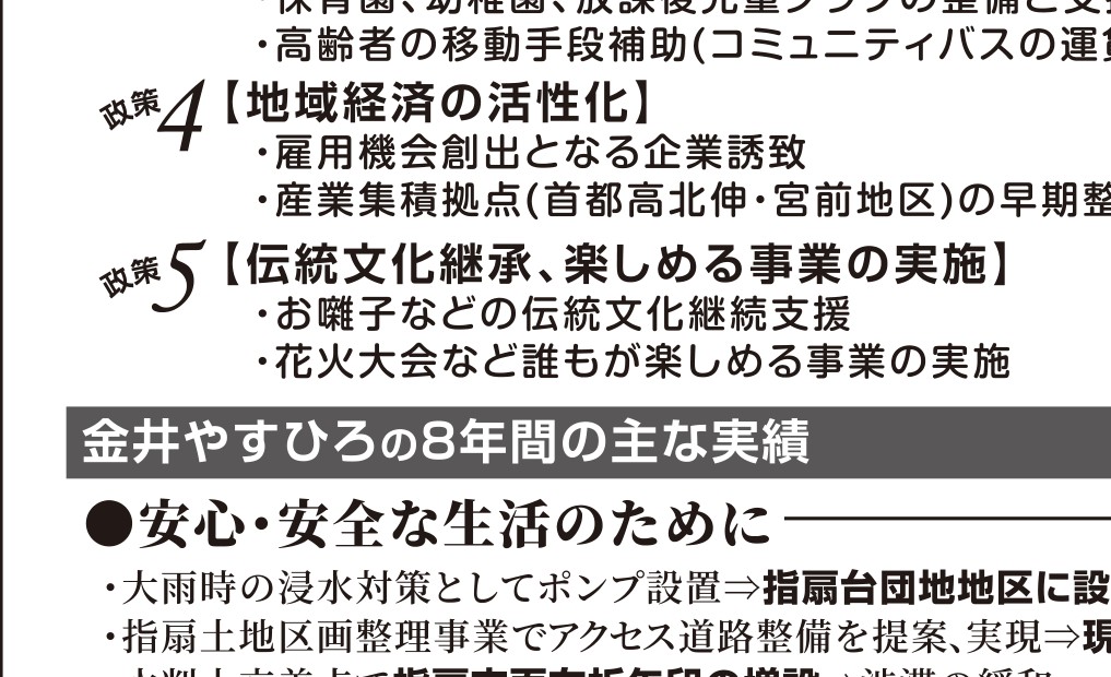 選挙公報に掲載された出雲圭子議員の家族だけで抱えない子育て公約