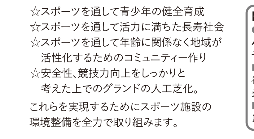 選挙公報記載のグランド人工芝化とスポーツ施設環境整備公約